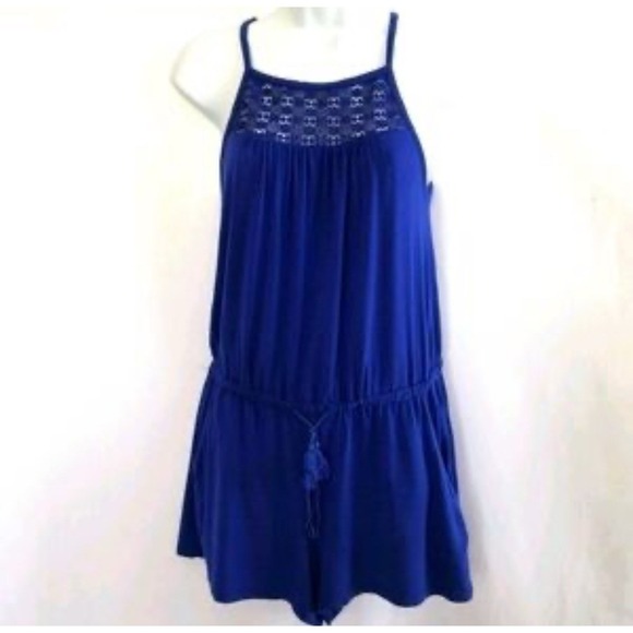 Old Navy Royal Blue Crochet Yoke Romper Shorts Jumpsuit Women's XXL - Picture 2 of 9